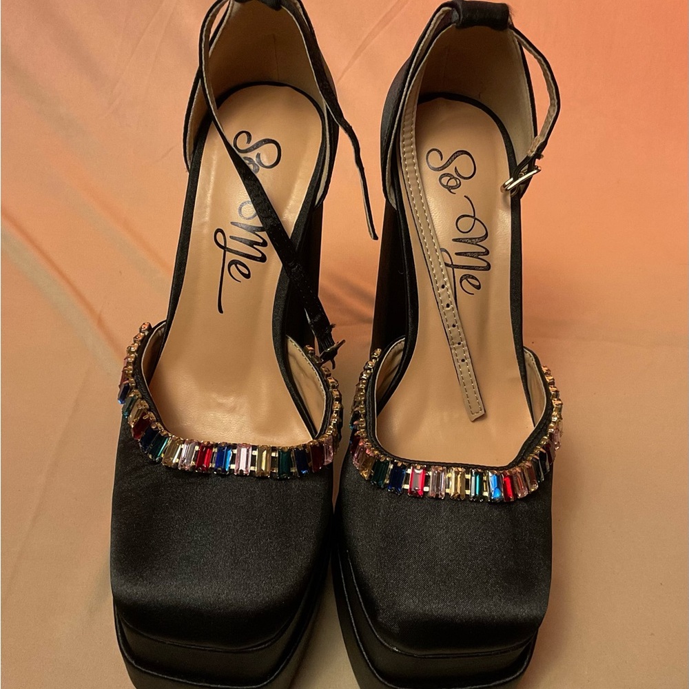 So Me Black Heels with Colorful Embellishments